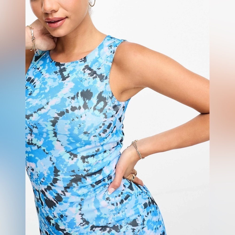 NWOT Something New Serena Print Sleeveless Mesh Maxi Dress Malibu Blue XS - Picture 2 of 9